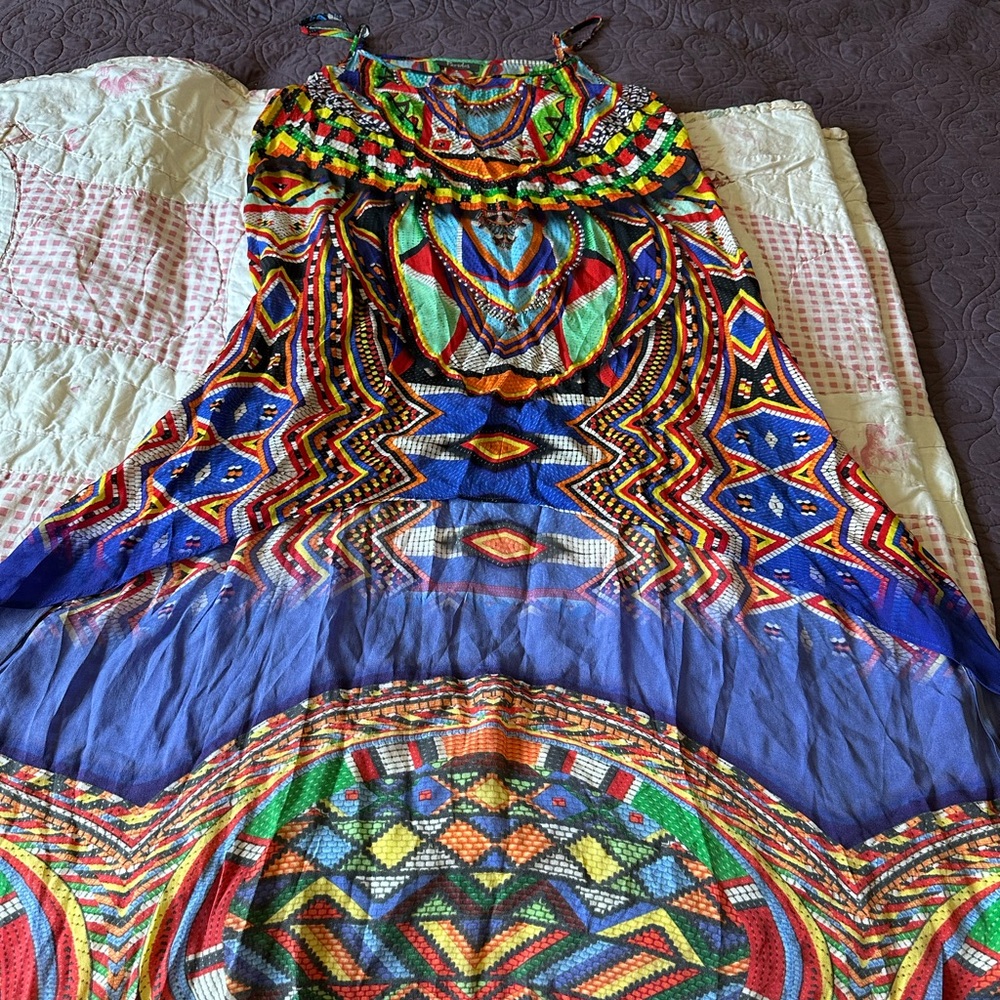 Colorful Parides Geometric Aztec High Low Flowy Maxi Dress L